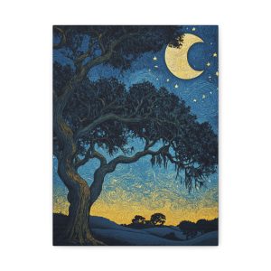 Savannah Stary Night Canvas Art Print - Moonlit Live OakTree Wall Decor